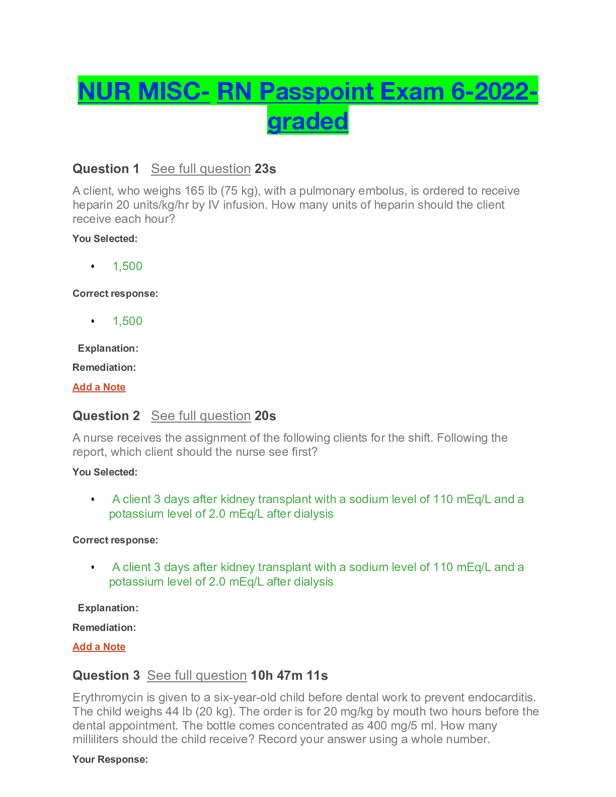 Preview image of NUR MISC- RN Passpoint Exam 6-2022-graded document